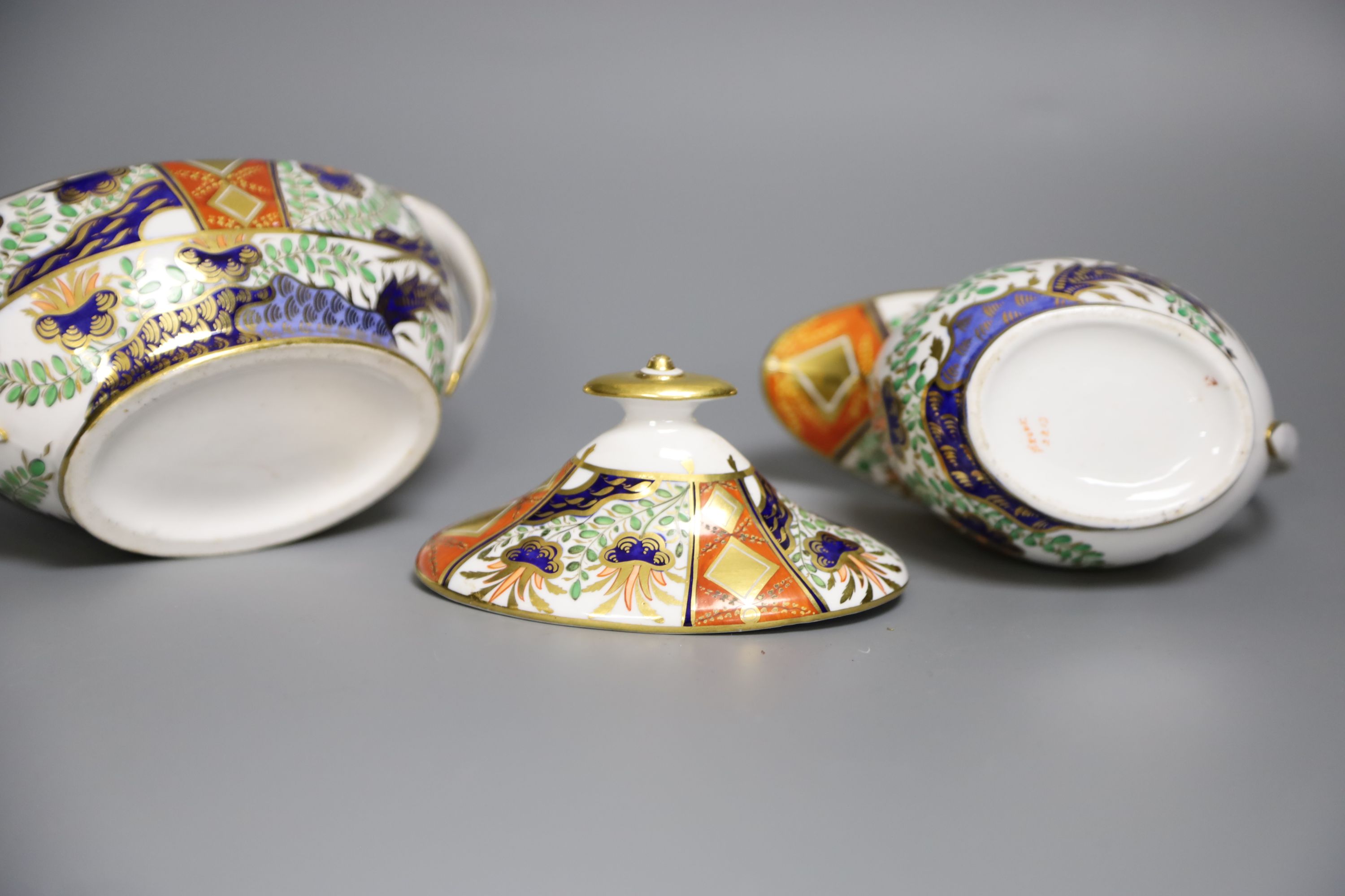 A Spode sucrier and cover painted in imari style with pattern 2213 and a matching 2213 cream jug